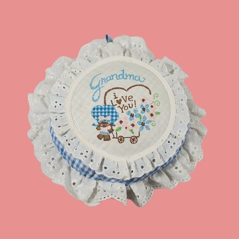 Vintage Russ Berrie Blue Gingham GRANDMA I LOVE YOU 8" Accent Pillow Lace Ruffle